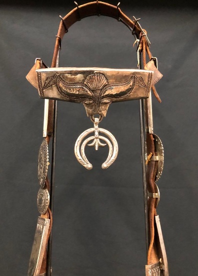 Vintage Navajo Sterling Silver Bridle with Steer Head Design
