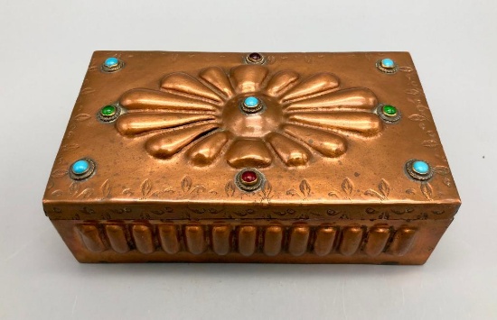 Vintage Navajo Copper Box Accented With Turquoise and Jewels