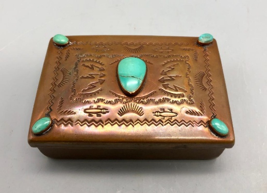Vintage Navajo Copper Box with Turquoise and Hand Stamped Designs