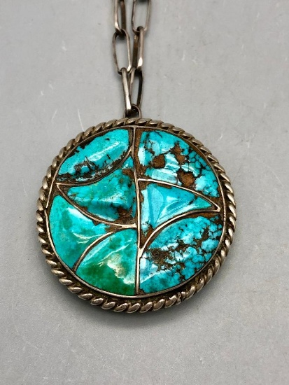Vintage Sterling Silver and Turquoise Inlay Pendant with Handmade Chain