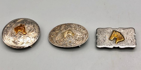 Three Vintage Sterling Silver and Sterling Silver Overlay Buckles