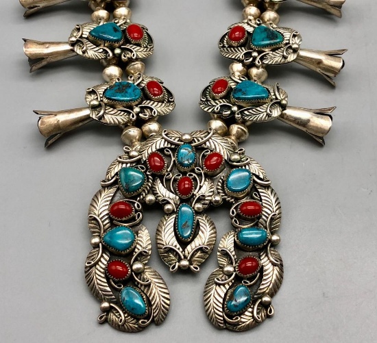 Turquoise and Coral Squash Blossom Necklace - Reeves