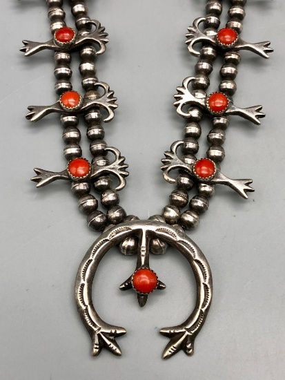 Sterling Silver and Coral Squash Blossom Style Necklace