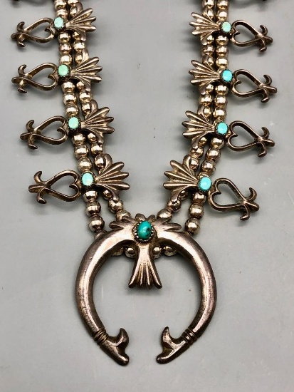 Turquoise and Sterling Silver Squash Blossom Style Necklace