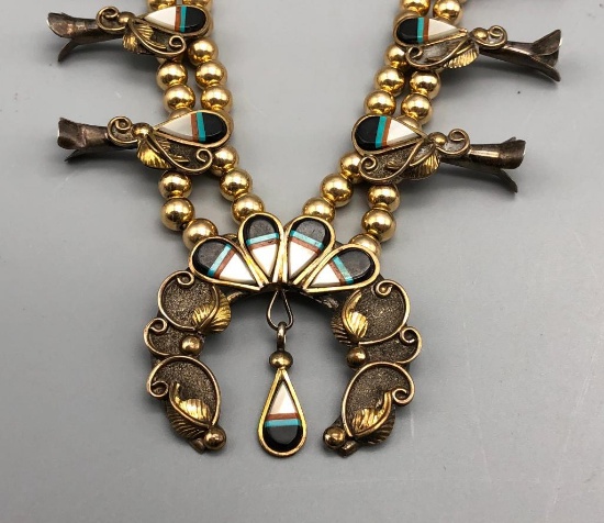 Sterling Silver and 12k Gold Filled and Inlay Squash Blossom Necklace