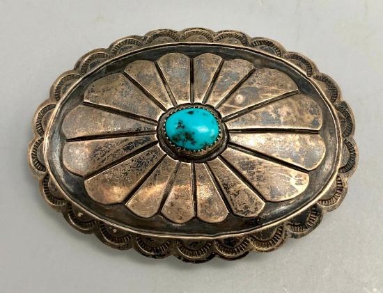 Vintage Turquoise and Sterling Silver Belt Buckle - Three Hogans
