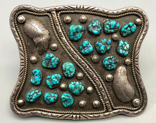 Vintage Turquoise and Sterling Silver Belt Buckle- Signed