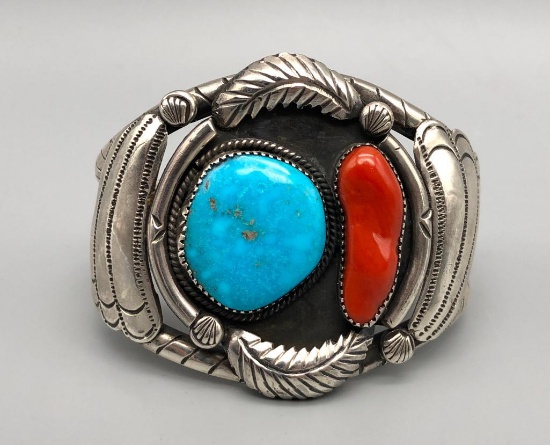 Vintage Turquoise Coral and Sterling Silver Bracelet