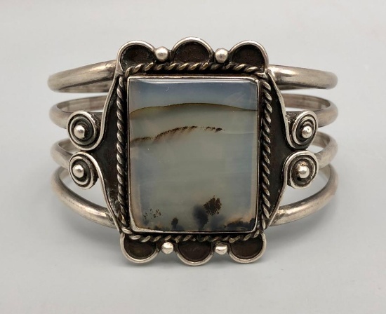 Vintage Sterling Silver and Montana Agate Bracelet