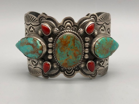 Turquoise Coral and Sterling Silver Bracelet by Dean Sandoval Jr.