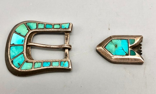 Older Turquoise Inlay Belt Buckle with Tip