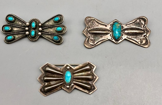 Group of Three Vintage Sterling Silver and Turquoise Pins