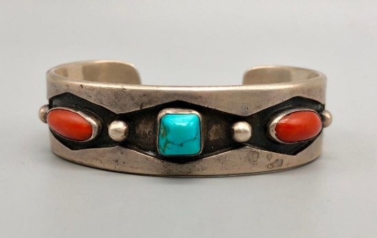 Fairly Early Tommy Singer Turquoise and Coral Bracelet