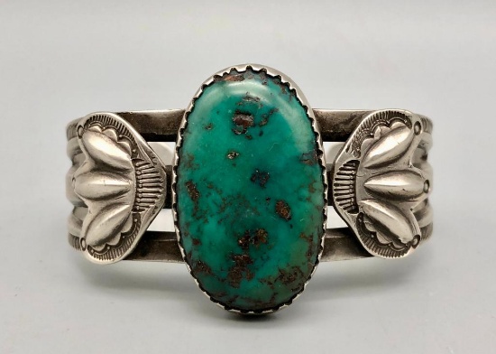 Hand Wrought Bracelet with Old Green Turquoise