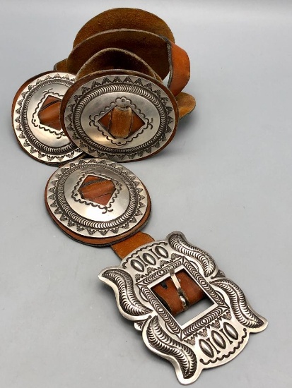 Sterling Silver Concho Belt on Brown Leather