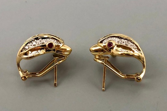 14k Gold Diamond Sapphire and Ruby Earrings