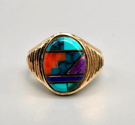 14k Gold and Multi Stone Inlay Ring