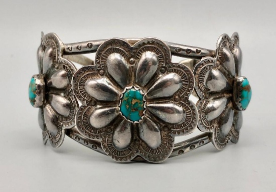 Vintage Three Stone Turquoise "Concho" Bracelet