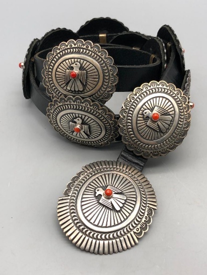 Andy Cadman Thunderbird Coral and Sterling Silver Concho Belt