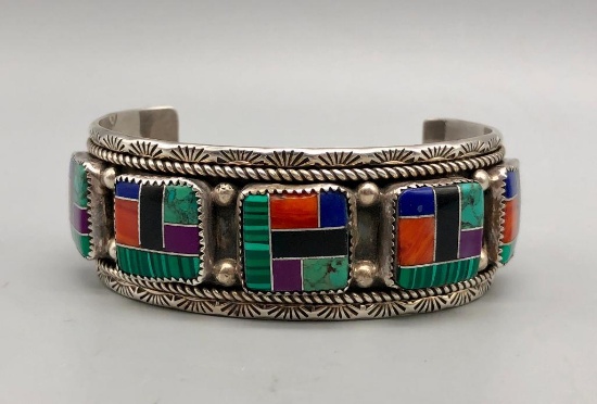 Colorful Inlay and Sterling Silver Bracelet