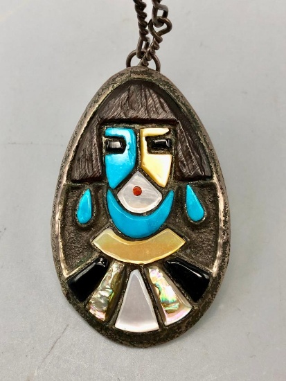 Vintage Zuni Inlay Necklace With Handmade Chain