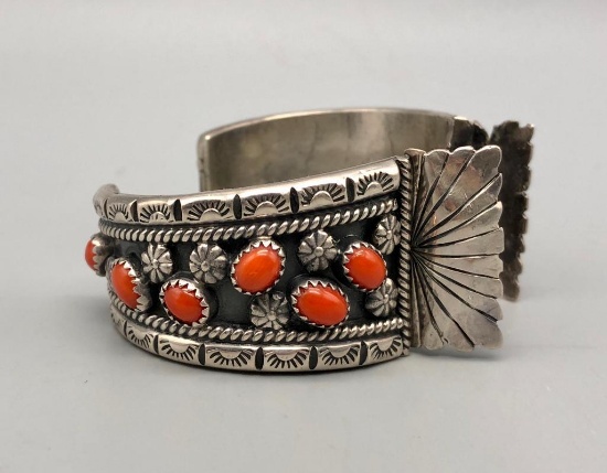 Nice Coral and Sterling Silver Watch Bracelet