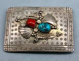 Vintage Turquoise and Coral Belt Buckle