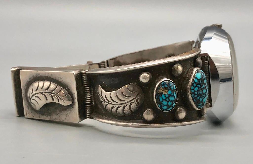 Important Vintage Native American Navajo Wide Web Lander Blue Turquoise Sterling Silver Bracelet Important Vintage Native American Navajo Wide Web Lander Blue Turquoise Sterling Silver Bracelet