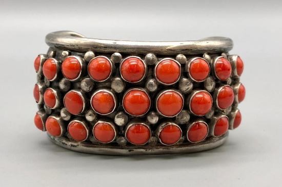 Three Row Coral and Sterling Silver Bracelet