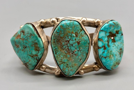 Three Stone Turquoise and Sterling Silver Bracelet