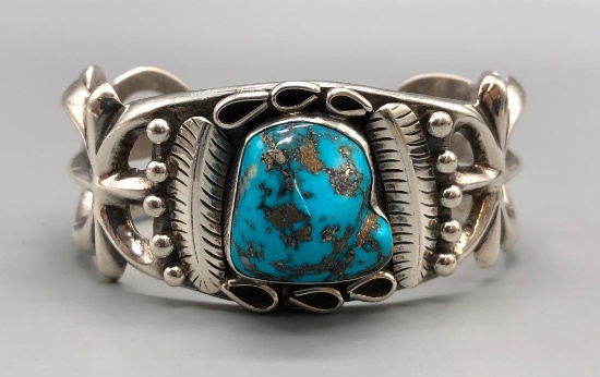 Sandcast Bracelet with Nice Turquoise Stone
