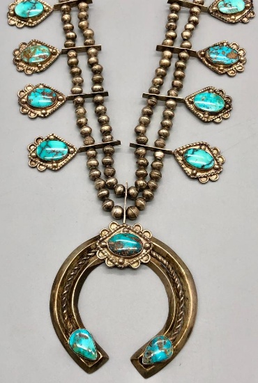 Vintage Squash Blossom Necklace with Nice Turquoise