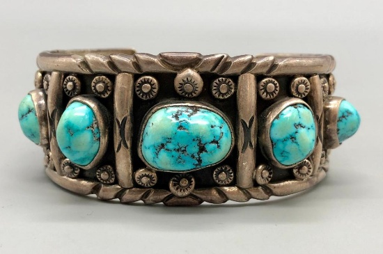 Vintage Five Stone Turquoise and Sterling Silver Bracelet
