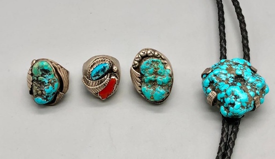 Three Vintage Rings & Large Stone Bolo