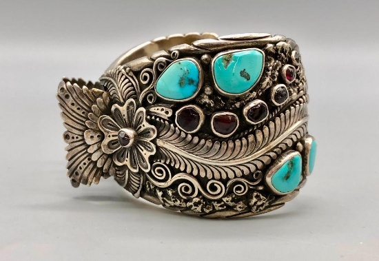 Vintage 1970s Sterling Silver & Turquoise Watch Cuff