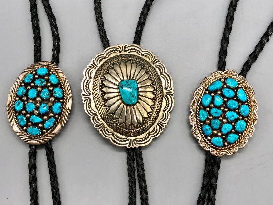 Three Turquoise and Sterling Silver Bolos