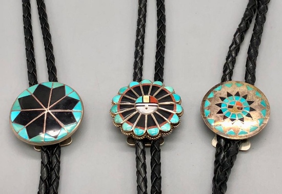 Three Vintage Inlay Bolo Ties