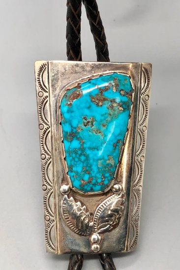 Nice Stone Turquoise and Sterling Silver Bolo Tie