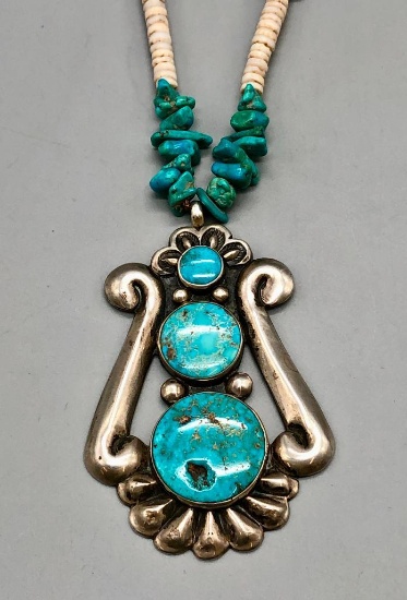 Vintage Turquoise Sterling Silver & Shell Necklace