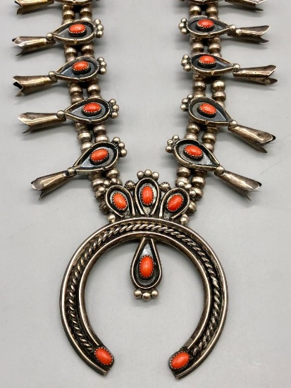 Coral & Sterling Silver Squash Blossom Necklace