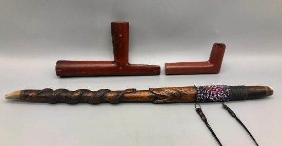 Two Vintage Catlinite Pipes with Snake Stem