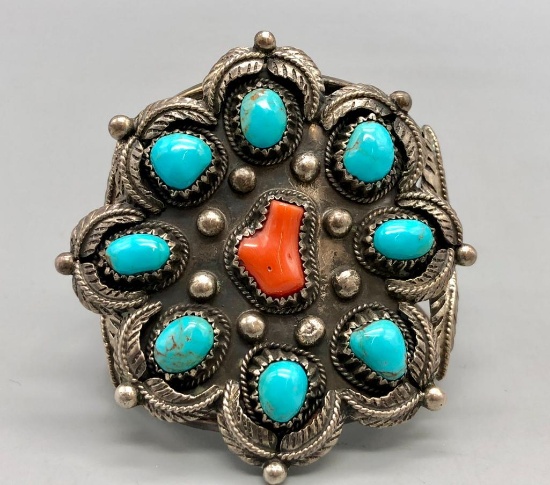 Turquoise, Coral, & Sterling Silver Bracelet