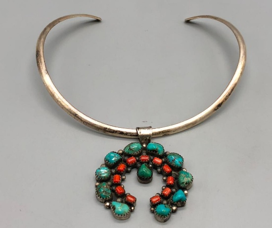Turquoise, Coral, & Sterling Silver Choker Style Necklace