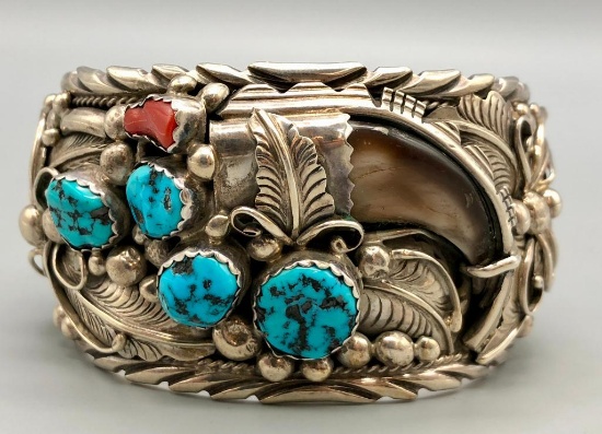 Vintage Coral, Turquoise & Faux Claw Bracelet