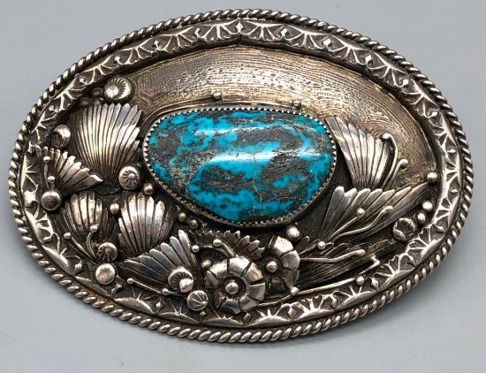 Nice Turquoise & Sterling Silver Belt Buckle