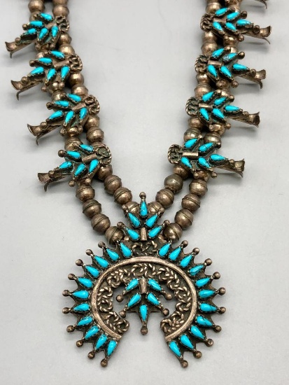 Petit Point Turquoise & Sterling Silver Squash Blossom Necklace