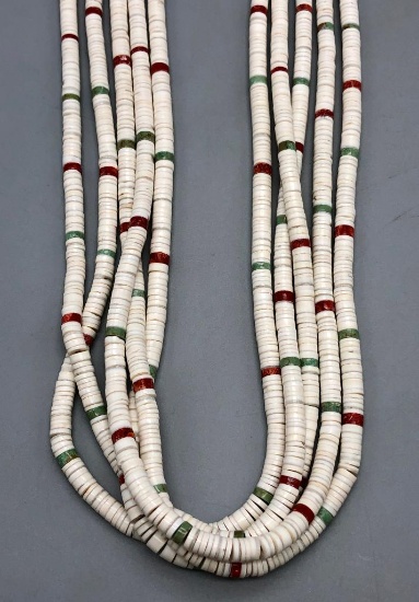 Five Strand Clam Shell, Turquoise, & Pipestone Necklace