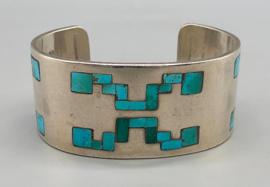 Heavy Vintage Turquoise Inlay Bracelet