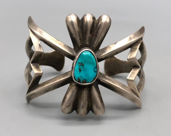 Vintage Sandcast & Turquoise Cuff Bracelet