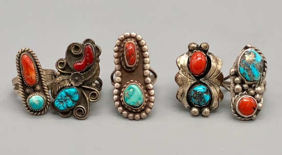 Five Vintage Turquoise & Coral Rings